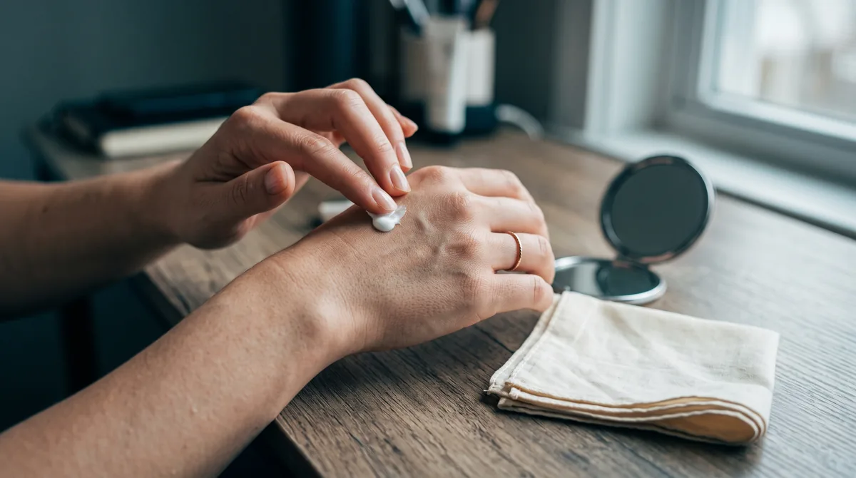 A close-up of two hands applying a small dot of sunscreen to the back of one hand next to a folded cotton handkerchief and a
