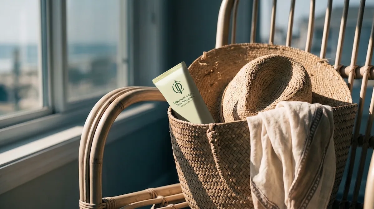 A woven beach bag on a light rattan chair holding a mineral sunscreen tube, a wide-brim hat, and a folded cotton scarf, morni