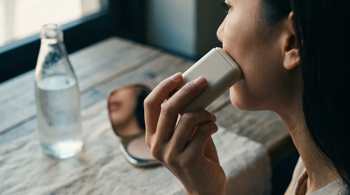 A close-up of a hand swiping a matte Korean sun stick along the cheekbone, with a compact mirror and a bottle of water restin