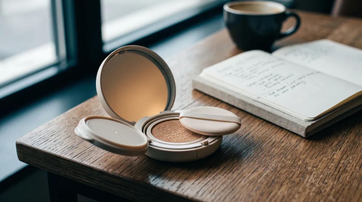 A refillable Korean sun cushion compact opened on a wooden desk, puff resting on the sponge, with an open notebook and a coff