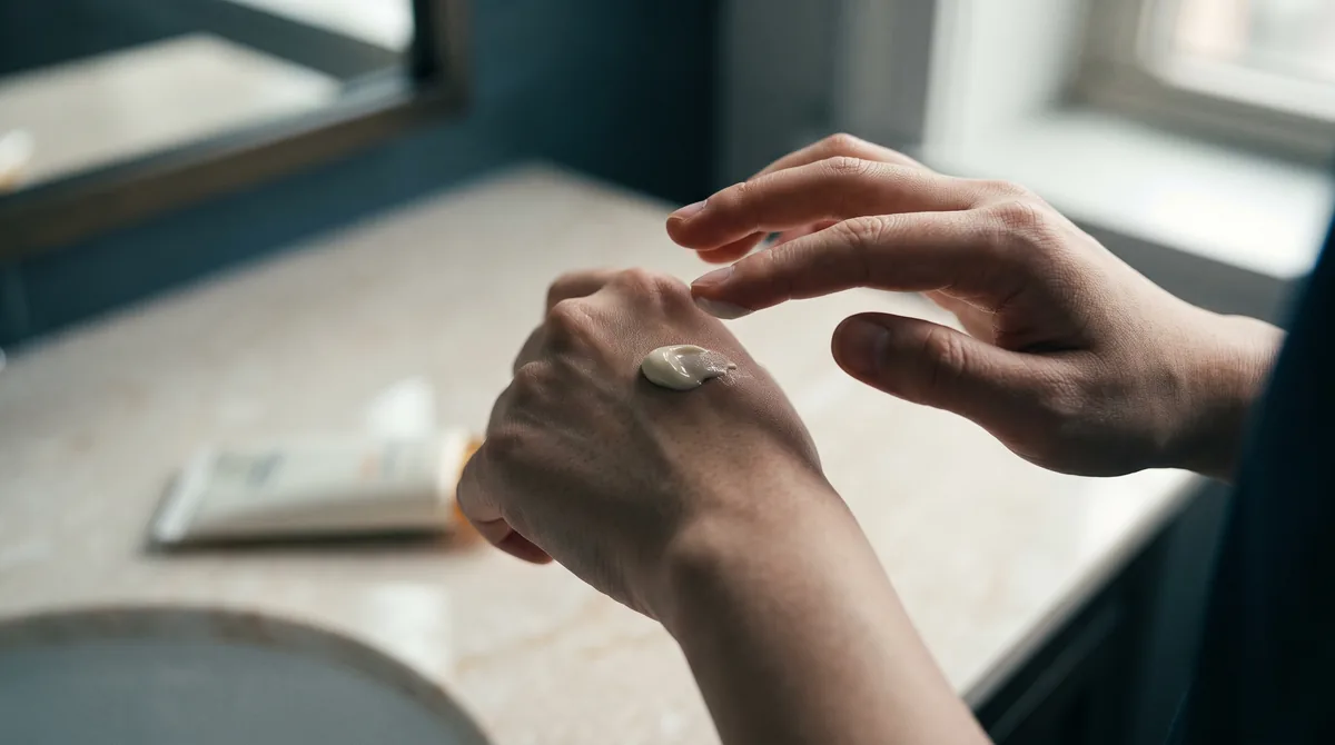 A small tube of Korean sun cream squeezed onto the back of a hand, with fingertips ready to dot the product across the cheeks
