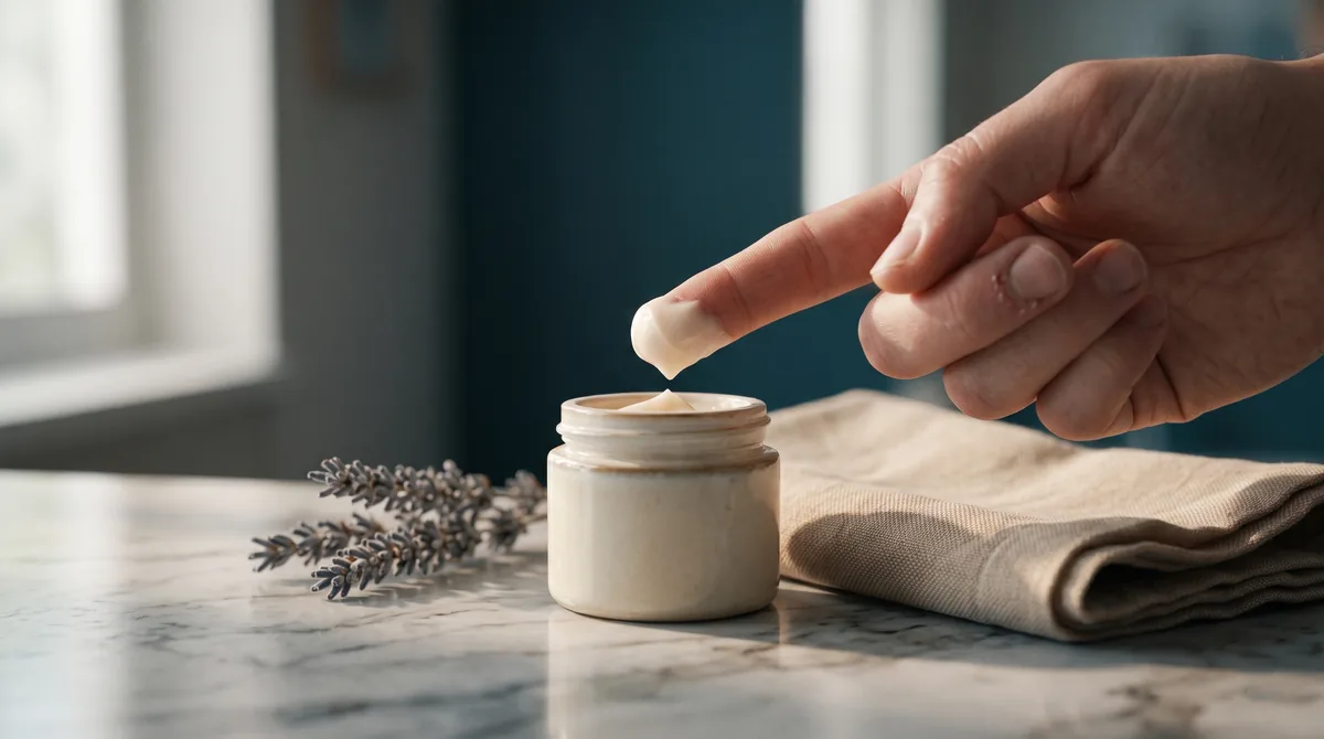 A close-up of a small ceramic jar of cream on a marble counter, with a fingertip lifting a soft dollop; a linen washcloth and