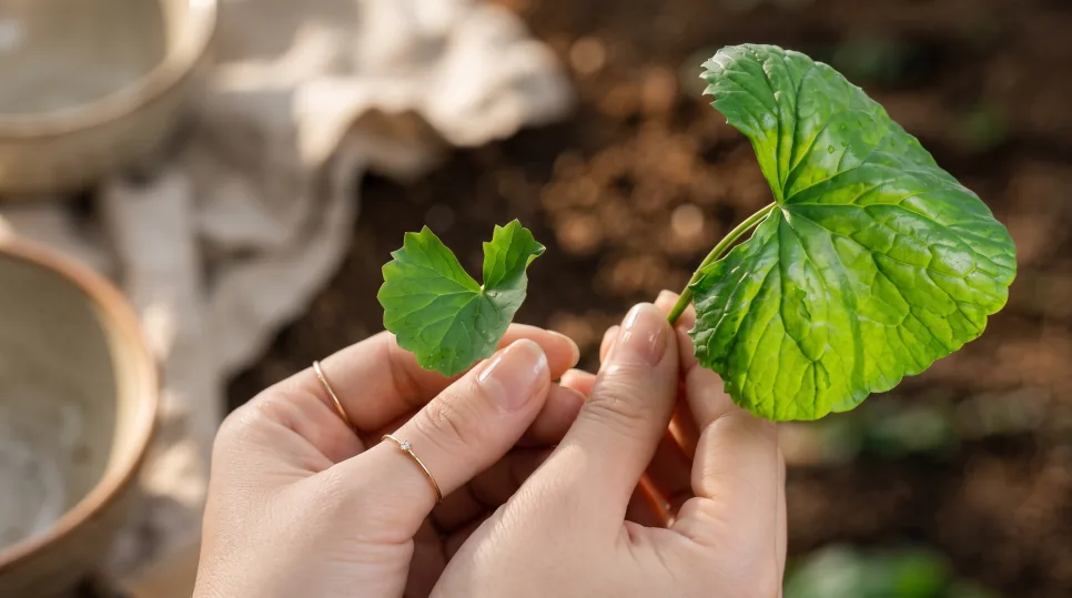 Hands holding a small centella leaf next to a much larger one above garden soil