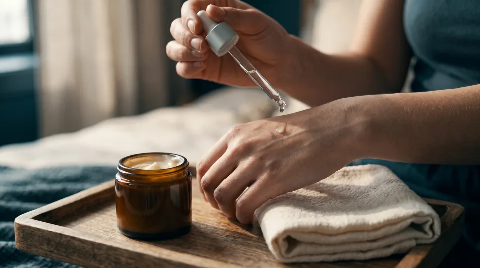 Hands holding a glass dropper over the back of a hand, beside an open amber cream jar on a wooden tray