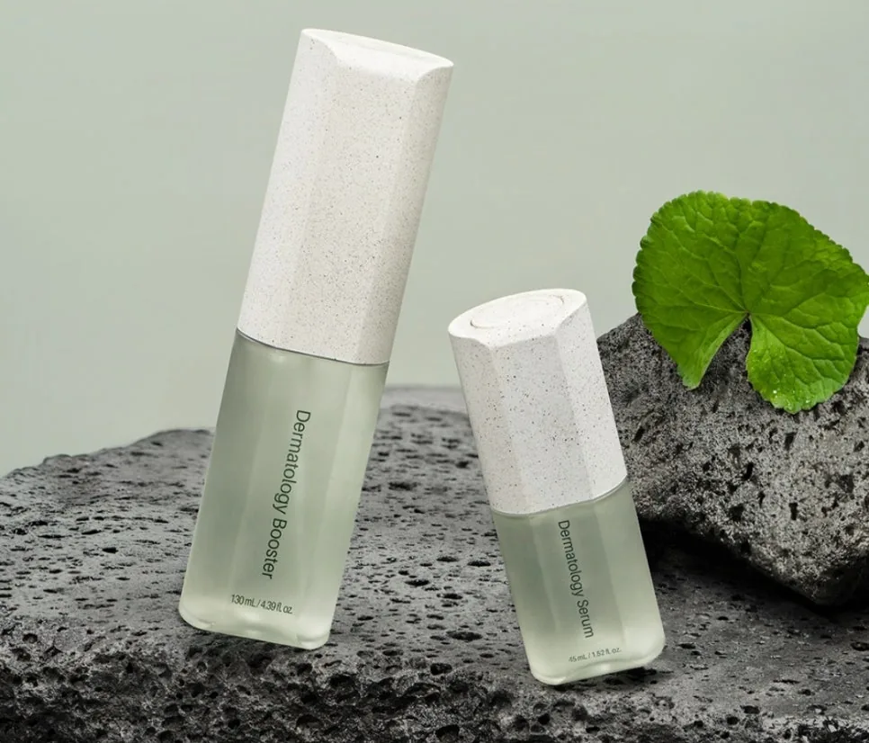 Incellderm Dermatology Booster 130 mL and Serum 45 mL bottles on dark volcanic rock beside a green leaf